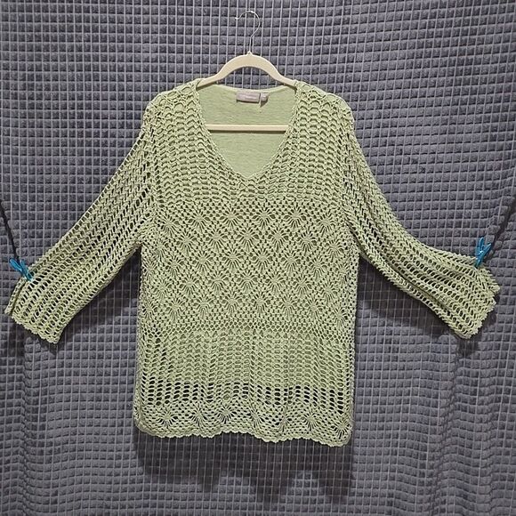 Y2K Green Crochet Sweater Top Sz2X Open Knit Boho Fairy Cottage Coastal Grandma - Picture 1 of 16